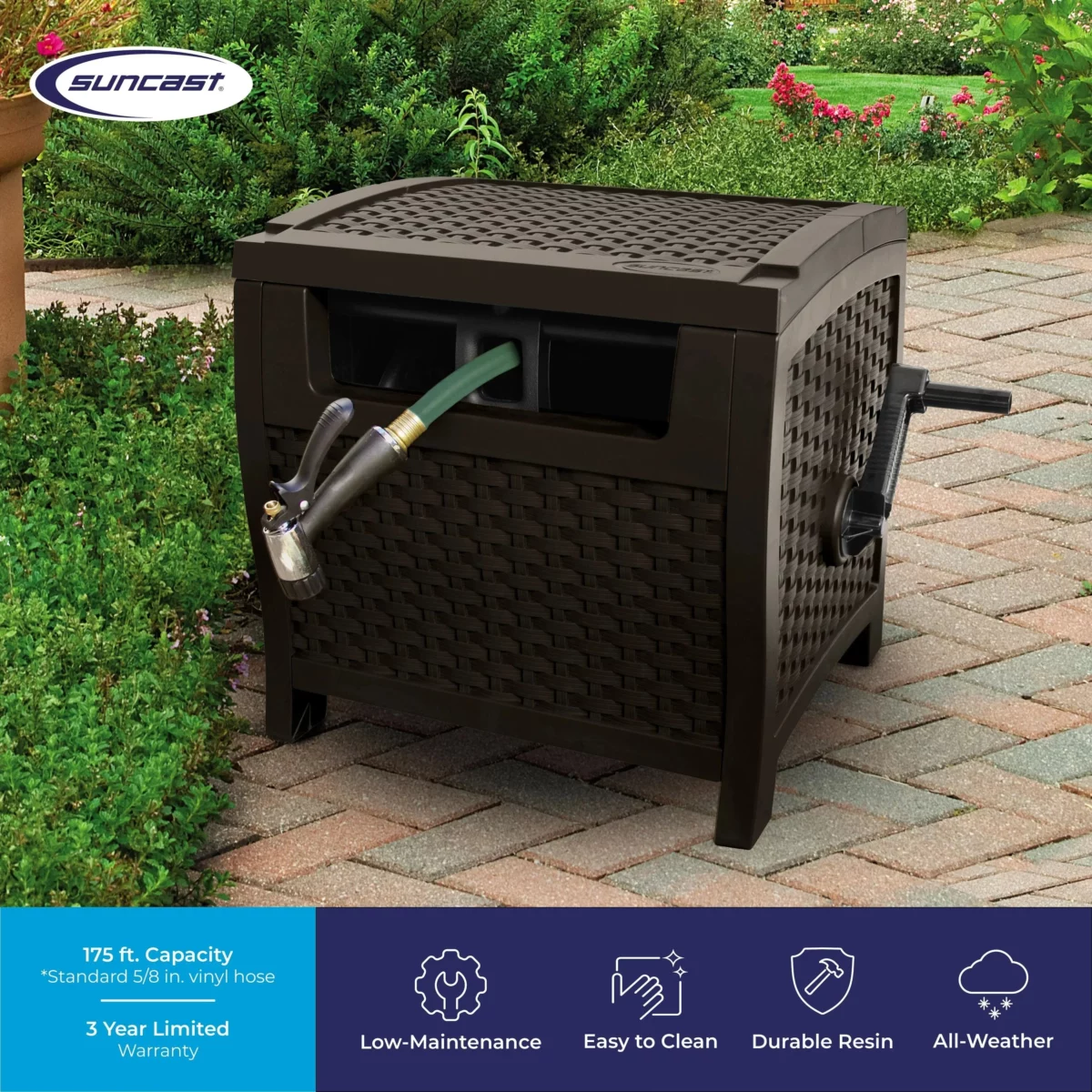 Suncast 175 Foot Slide Trak Outdoor Garden Resin Water Hose Reel Hose Hideaway Mocha Brown 02 scaled