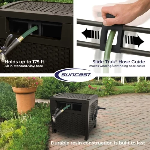 Suncast 175 Foot Slide Trak Outdoor Garden Resin Water Hose Reel Hose Hideaway Mocha Brown 03
