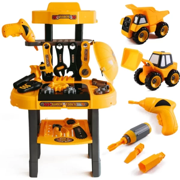 Kids Tool Bench with Electric Drill & Vehicles, 2-in-1 Workbench Toolbox STEM Toys for Toddlers Age 3-5