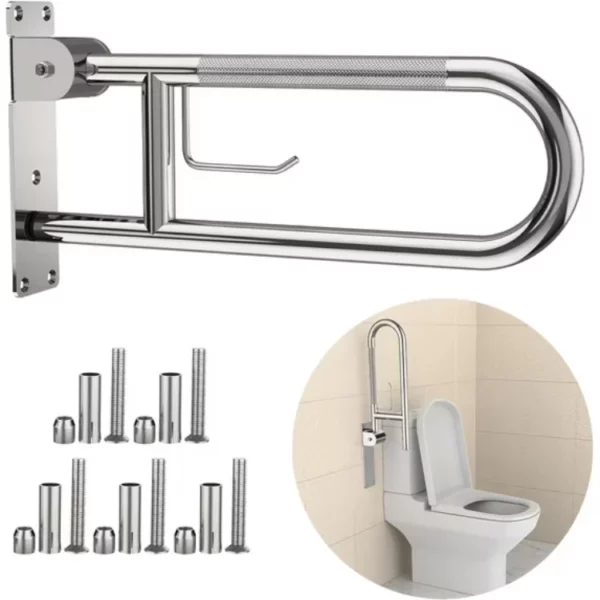 Toilet Grab Bar 22 in – Flip-Up Safety Bar with Paper Holder, Stainless Steel Knurled Handles for Elderly