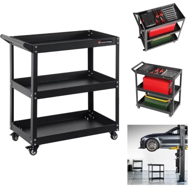 3 Tier Rolling Utility Tool Rolling Cart 450 lb Heavy Duty Rolling Steel Service Carts for Garage, Auto Repair Shop, Kitchen