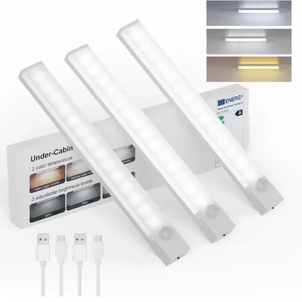 Rechargeable Motion Sensor LED Under Cabinet Lights, 8 Inch, 3 Color Dimmable, 3 Pack