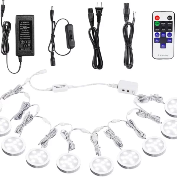 Linkable Under Cabinet LED Puck Lights 12V Dimmable with Wireless RF Remote Hardwired or Plug in for Kitchen Display Lighting