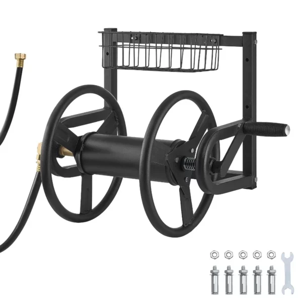 VEVOR Wall Mounted Garden Hose Reel Holds 125 ft  Heavy-Duty Water Hose Winder, Space-Saving, Outdoor Manual Reel with Brass Fitting