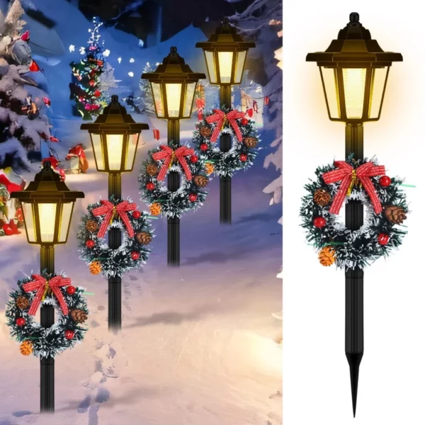 Christmas Solar Pathway Lights Outdoor, 4 Pack 21Inch Waterproof Yard Walkway Street Lights with Ribbon & Wreath