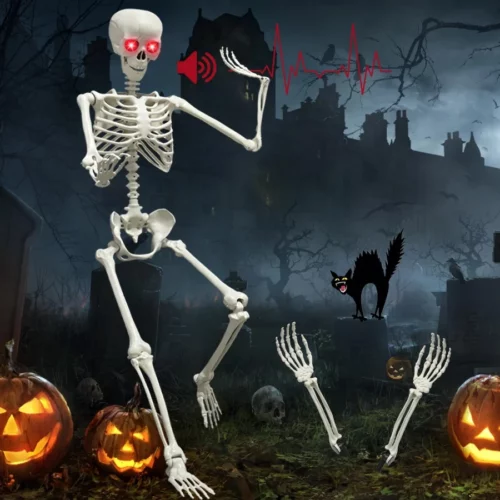 WODMAZ 5.4Ft Halloween Skeleton Full Size Posable Skeleton with Glowing Eyes Creepy Sound Full Bod 08
