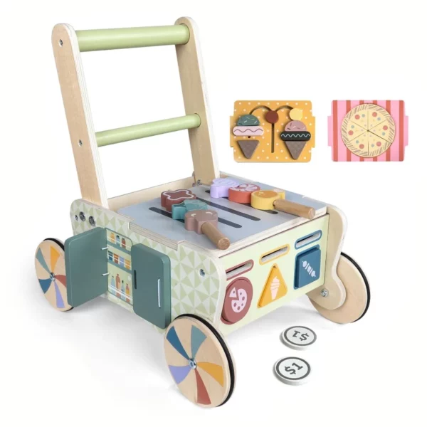 Wooden Push Walker for Babies 12M+, Montessori Baby Activity Walker with Wheels, Multi Learning Toy Gift Adjustable