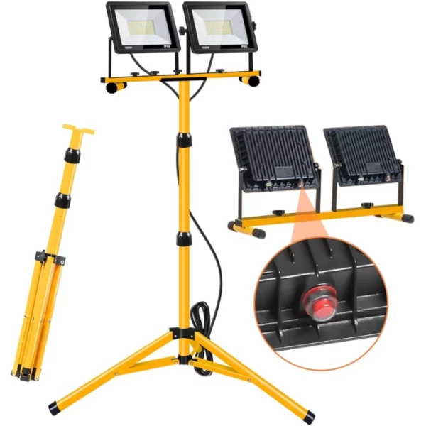 Work Lights With Stand 2 Adjustable Head LED Work Light Foldable Tripod Stand Portable Removable Construction Lights With Individual Switch
