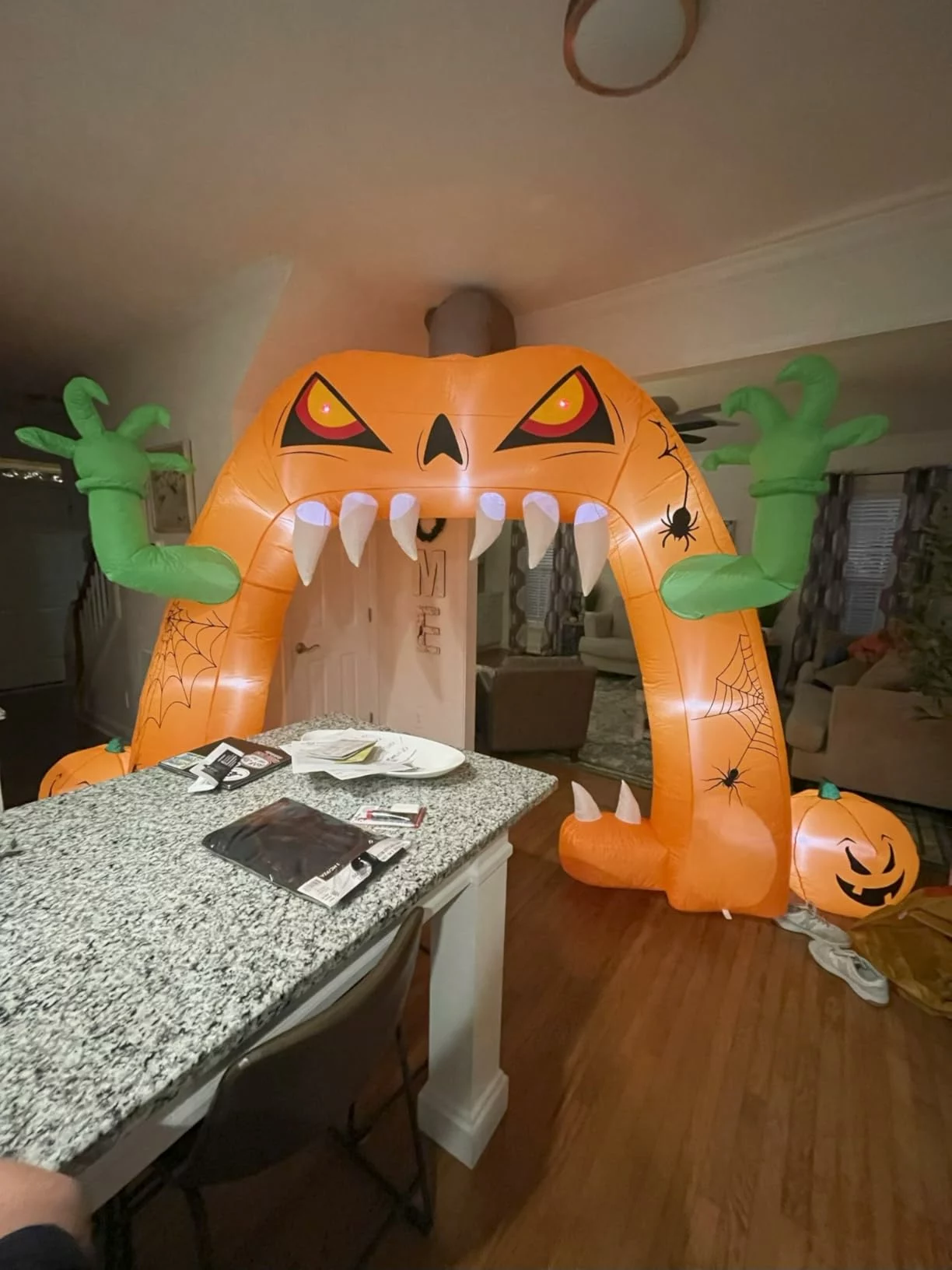 Click to view full screen 13FT x 10FT Halloween Inflatable Lighted Pumpkin Archway Waterproof with Built-in LED, Giant Jack-O-Lantern Blow Up Yard Lawn Decor photo review