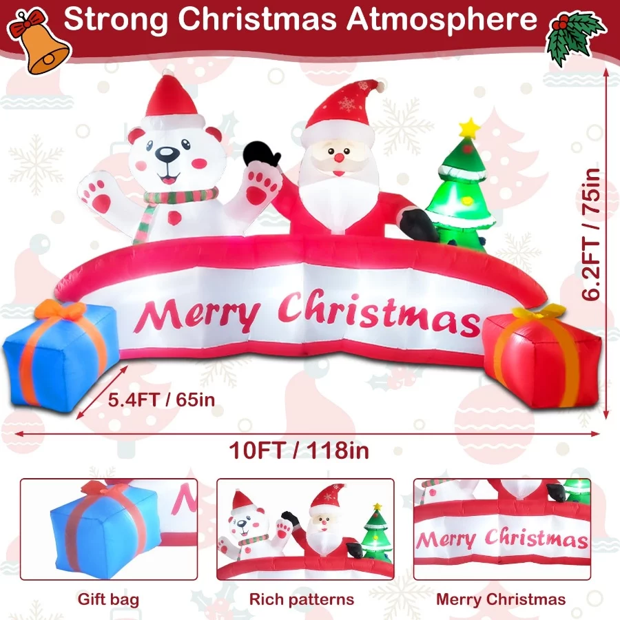 10 FT Inflatable Merry Christmas Banner Sign with Santa Claus Polar Bear Christmas Tree, Outdoor Inf - 02 10 FT Inflatable Merry Christmas Banner Sign with Santa Claus Polar Bear Christmas Tree Outdoor Inf 02