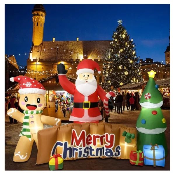 10FT Merry Christmas Inflatable Sign with Santa, Tree & Gingerbread Man, LED Lighted Blow Up Decoration for Outdoor Lawn Winter Decor