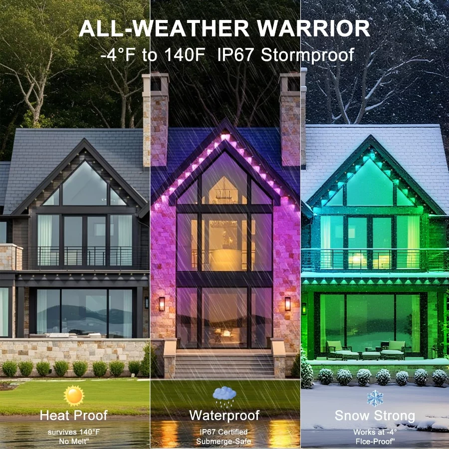 100FT Permanent Outdoor Lights Waterproof, Smart RGB Eaves Lights with AppRemote Control, DIY Scene - 05 100FT Permanent Outdoor Lights Waterproof Smart RGB Eaves Lights with AppRemote Control DIY Scene 05