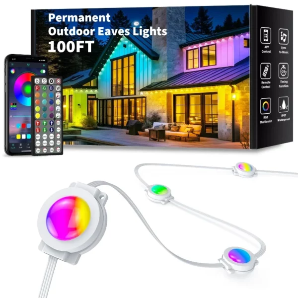 Permanent Outdoor Smart RGB Christmas Eaves Lights 100FT – Waterproof LED Lights with App Remote for House Roof Xmas Decor