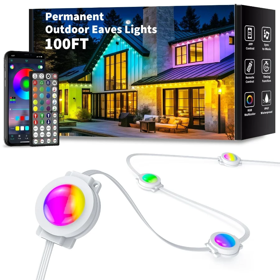 100FT Permanent Outdoor Lights Waterproof, Smart RGB Eaves Lights with AppRemote Control, DIY Scene - 08 100FT Permanent Outdoor Lights Waterproof Smart RGB Eaves Lights with AppRemote Control DIY Scene 08
