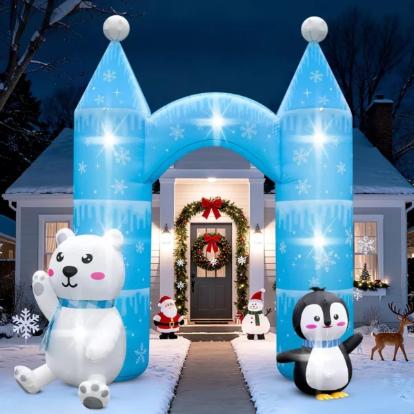 10FT Inflatable Christmas Archway Polar Bear & Penguin with LED Lights, Giant Blow Up Decoration for Outdoor Lawn Garden Holiday