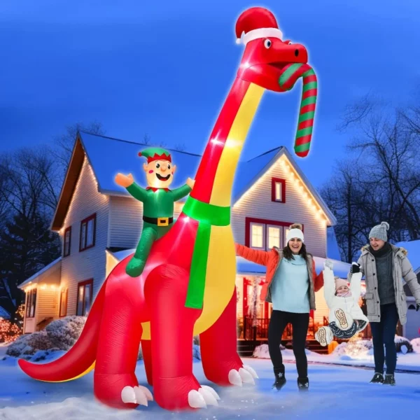 12FT x 14FT Giant Inflatable Santa & Elf Riding Dinosaur – Built-in LED Blow Up Christmas Yard Decoration for Outdoor Lawn & Holiday Party