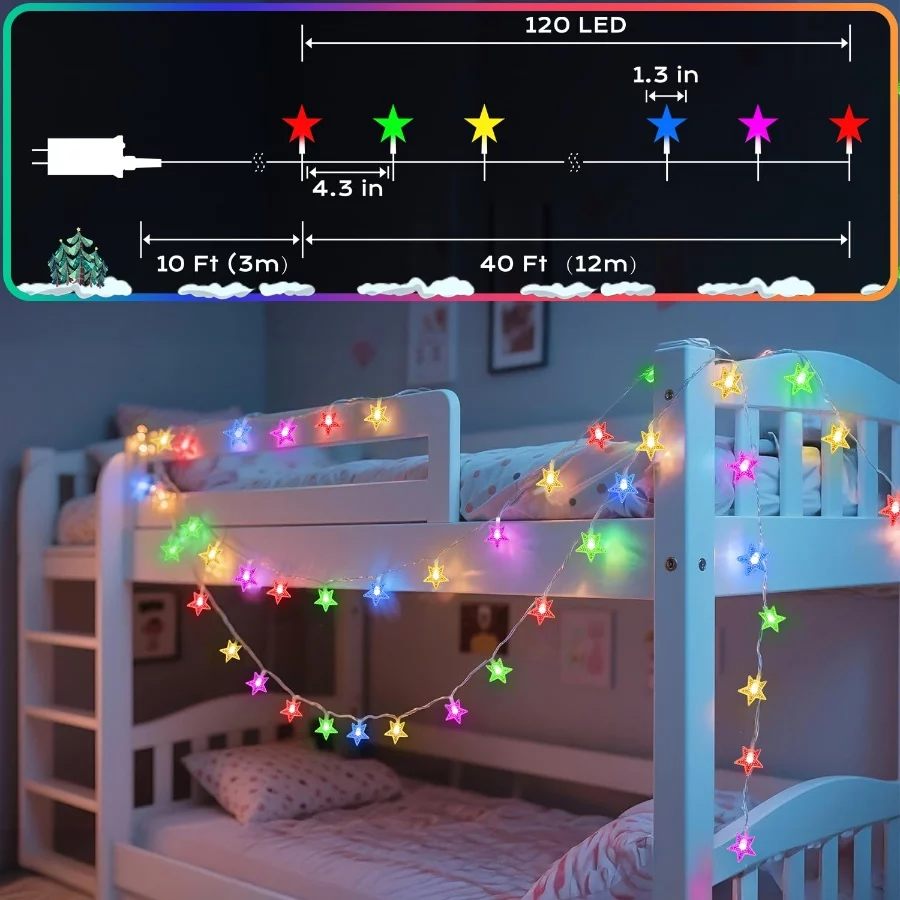 120 LED 40FT Star String Lights, 8 Modes Plug in Christmas Lights with Timer & Memory, Indoor Outdoo - 05 120 LED 40FT Star String Lights 8 Modes Plug in Christmas Lights with Timer Memory Indoor Outdoo 05