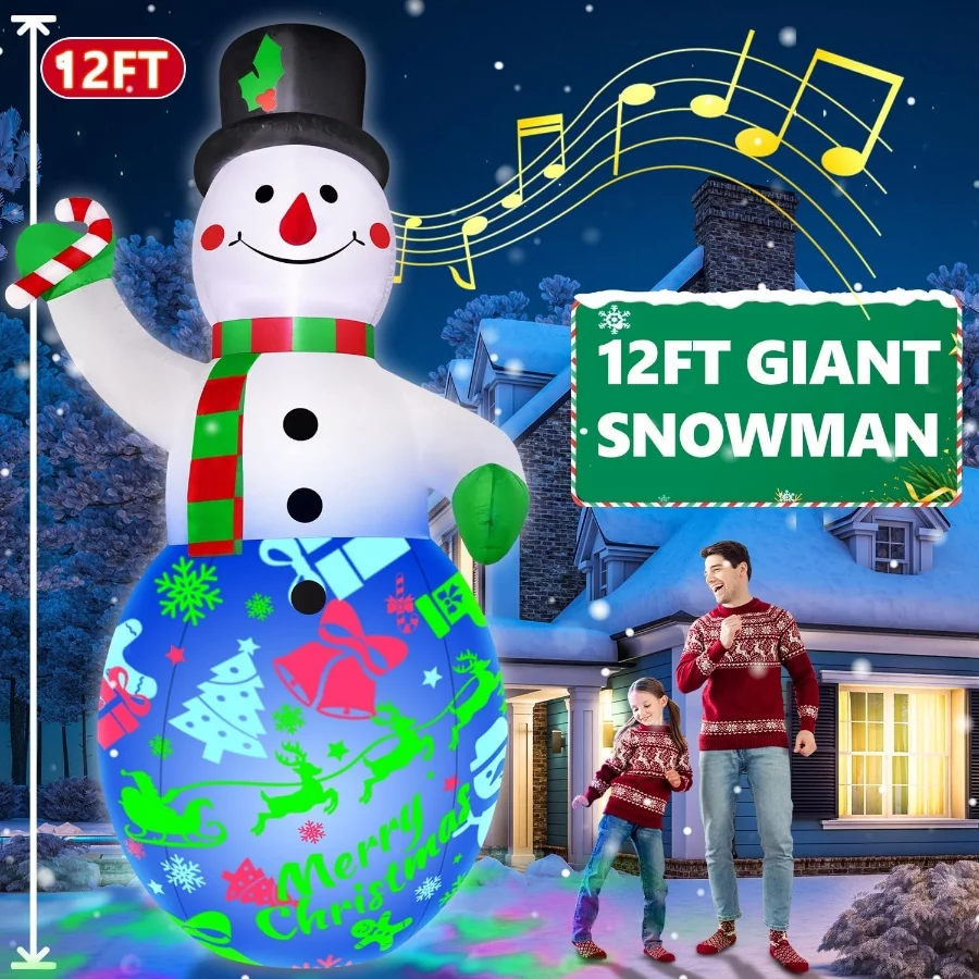 12FT Giant Christmas Inflatables Decorations Snowman Built-in Music & 360° Rotation 3-Color LED Ligh - 07 12FT Giant Christmas Inflatables Decorations Snowman Built in Music 360° Rotation 3 Color LED Ligh 07