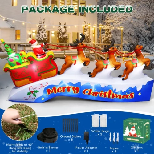 12FT Long Christmas Inflatables Outdoor Decorations Santa Claus on Sleigh with 3 Reindeers Blow Up 07