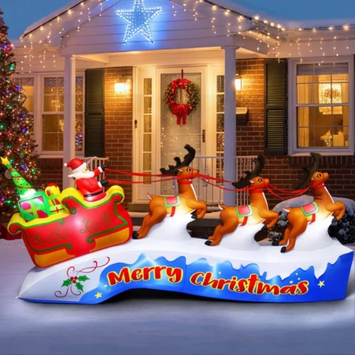 12FT Long Christmas Inflatables Outdoor Decorations Santa Claus on Sleigh with 3 Reindeers Blow Up 08