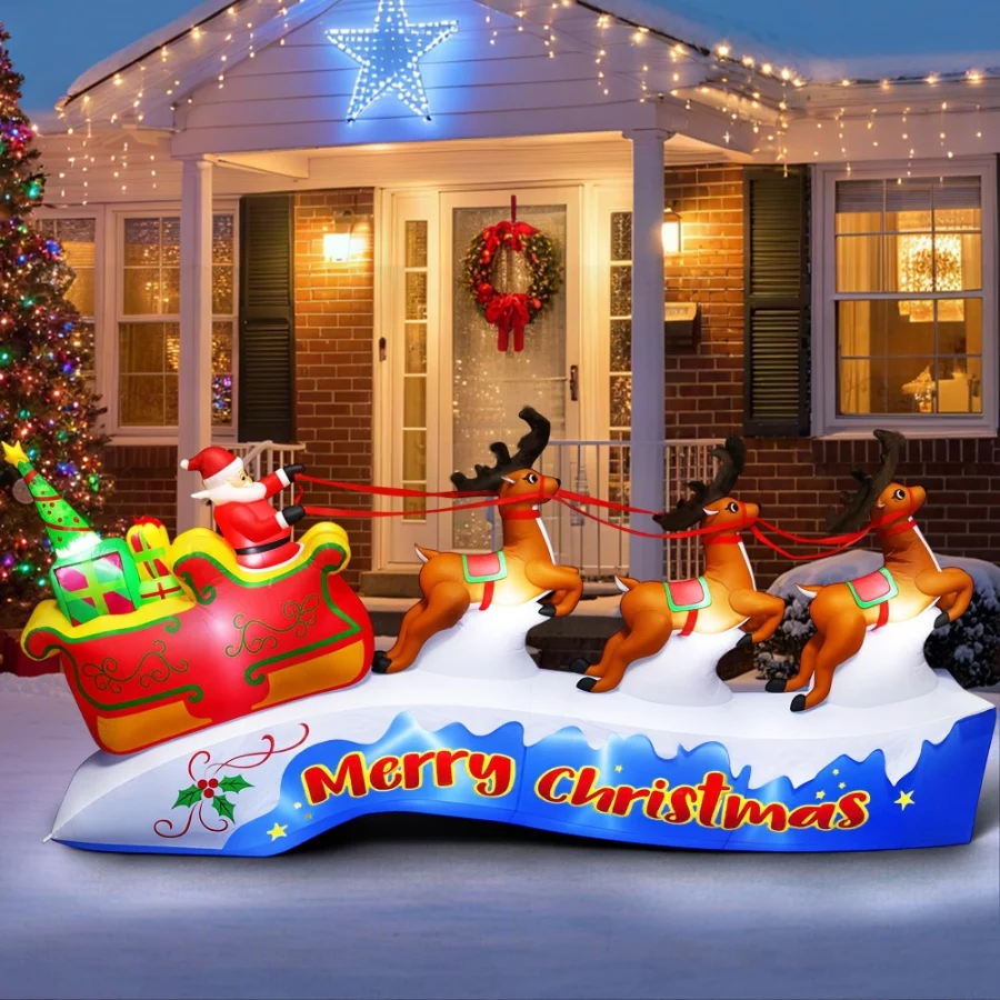 12FT Long Christmas Inflatables Outdoor Decorations, Santa Claus on Sleigh with 3 Reindeers Blow Up - 08 12FT Long Christmas Inflatables Outdoor Decorations Santa Claus on Sleigh with 3 Reindeers Blow Up 08