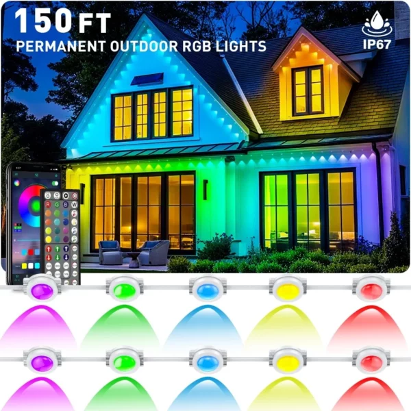 150FT Smart Permanent Outdoor RGB Christmas Lights – Waterproof LED Eaves Lighting with App Remote for House Roof Decor