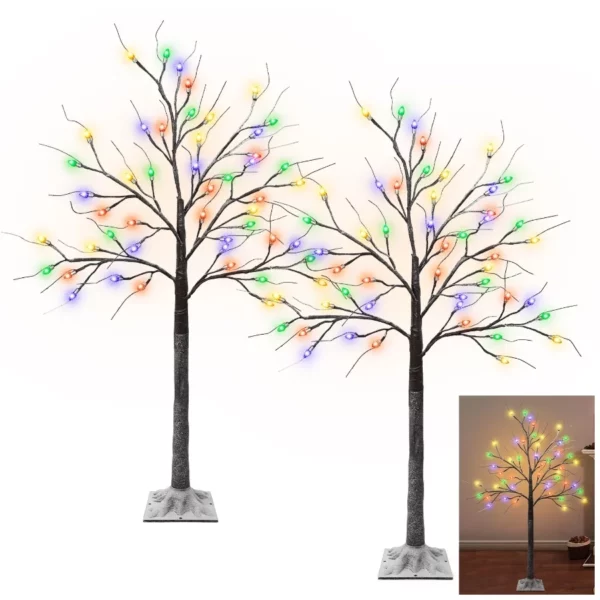 2 Pack 4FT Artificial Birch Tree with 96 Multicolor LEDs, Snowy Lighted Birch Twig Trees for Indoor Outdoor Home Party Christmas Decor