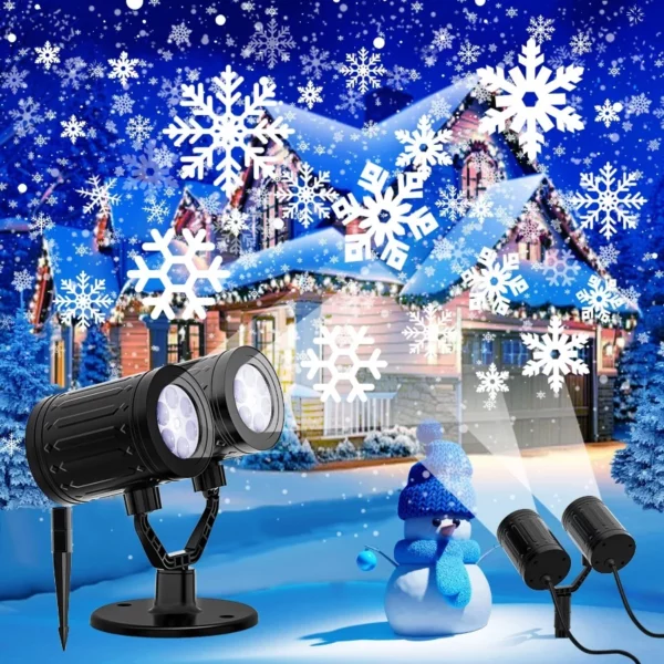 2025 Dual Head Snowflake Christmas Projector Lights Outdoor Waterproof LED Snowfall Lamp with Timer for Xmas Yard Decor