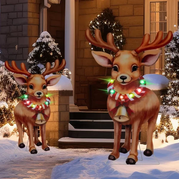 Solar Reindeer Stake Lights 2 Pack – Metal Christmas Pathway Lights with Flashing Color LEDs for Outdoor Garden Lawn Holiday Decoration