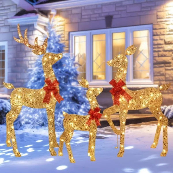 3-Piece Lighted Christmas Deer Family Set – 2D Reindeer Outdoor Yard Decoration with 145 LED Lights for Holiday Xmas Display