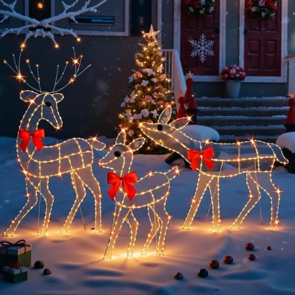 3-Piece Lighted Reindeer Christmas Decorations Outdoor – 2D Deer Family with 260 LED Lights for Yard, Lawn, Garden Holiday Display