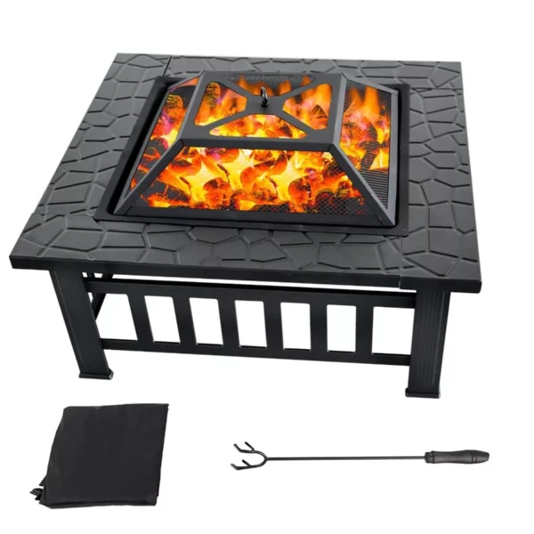 Outsunny 32 Inch Square Steel Fire Pit with Spark Screen, Poker, Log Grate & Cover, Wood Burning Bowl for Backyard & Camping