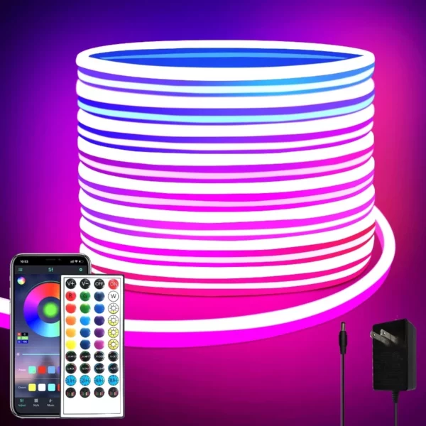 32.8FT RGB LED Neon Rope Lights 24V IP65 Waterproof, Flexible Neon Strip with APP & Remote Control for Indoor Outdoor Decor