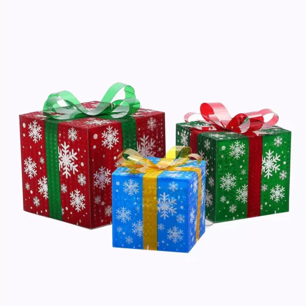 LuxenHome Set of 3 Lighted Colored Gift Boxes – Festive Indoor/Outdoor Holiday Decoration