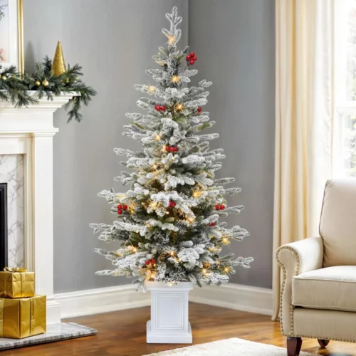 4.5FT Potted Flocked Arctic Fir Pencil Tree – Slim Pre Lit Christmas Tree with 100 Lights Red Hollies for Home or Office 2