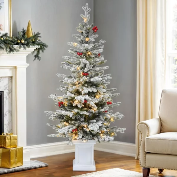 4.5FT Potted Flocked Arctic Fir Pencil Tree – Slim Pre-Lit Christmas Tree with 100 Lights & Red Hollies for Home or Office