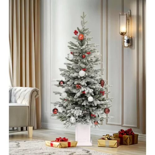 4.5FT Potted Flocked Arctic Fir Pencil Tree – Slim Pre Lit Christmas Tree with 100 Lights Red Hollies for Home or Office 4