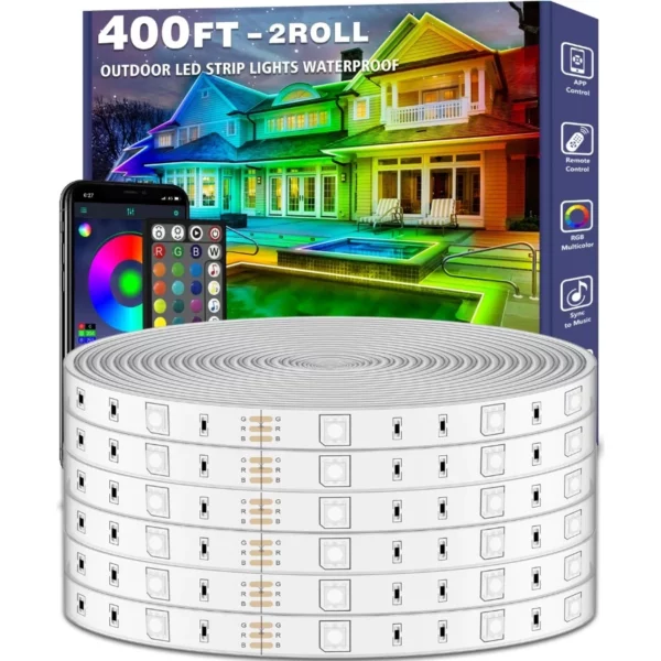400FT Outdoor Waterproof LED Strip Lights, IP68 RGB Rope Lights with App & Remote, Music Sync for Roof, Deck, Home Décor