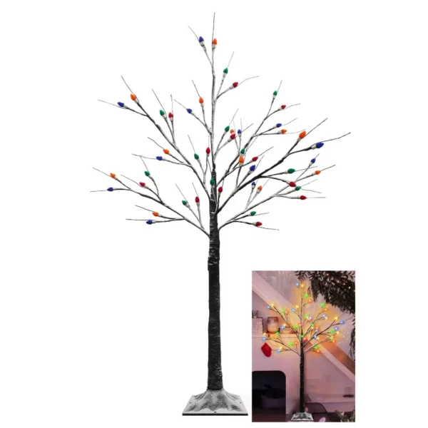 4FT Artificial Black Birch Christmas Tree with 48 Multicolor LEDs – Lighted Frosted Tree for Indoor Outdoor Home, Party & Holiday Decor
