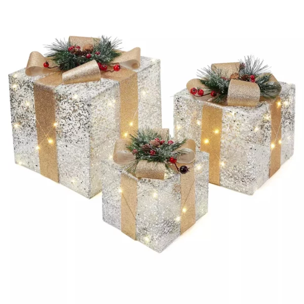 Set of 3 Lighted Christmas Gift Boxes – Pre-Lit LED Presents for Indoor/Outdoor Holiday Décor