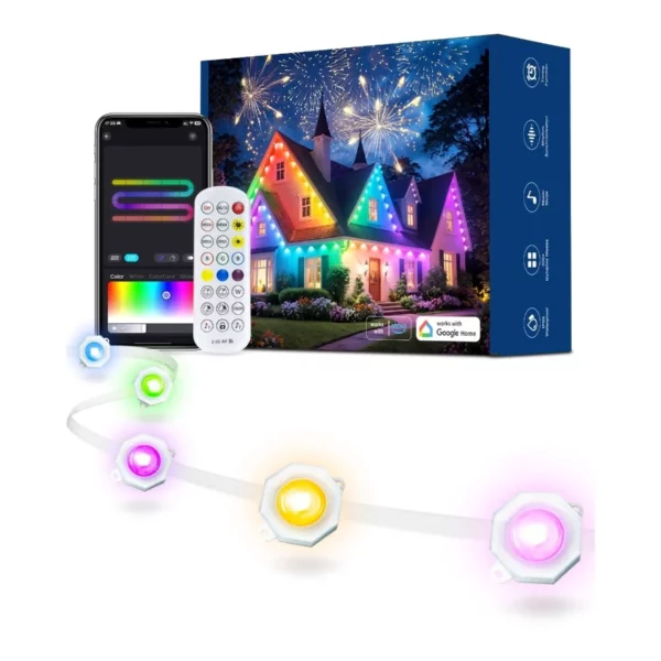 Permanent Outdoor Smart RGB+IC Christmas Lights 50FT – Waterproof LED House Lights with App Alexa Google for Holiday Decor