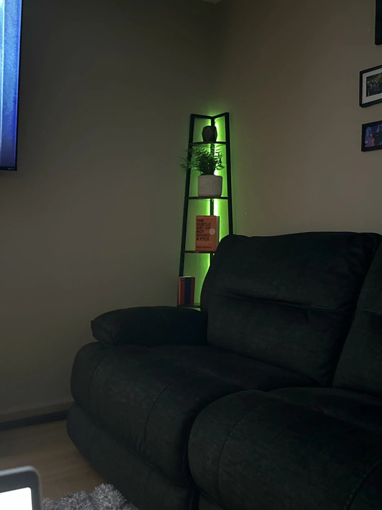 Click to view full screen 5-Tier Corner Bookshelf with LED Light, 67.5in Tall Standing Shelf with Steel Frame, Storage Shelves for Living Room Office photo review