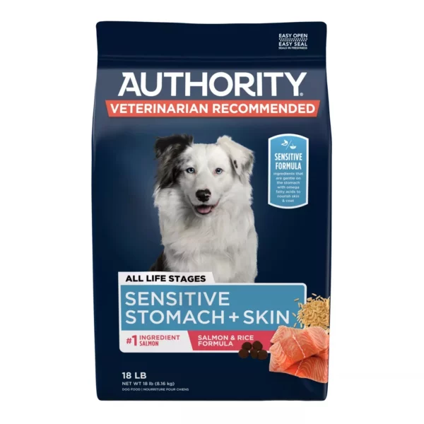 Authority Sensitive Stomach and Skin Dry Dog Food – Salmon and Rice Recipe, All Life Stages, 18 lb Bag