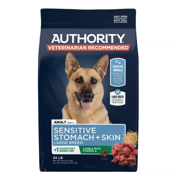 Authority Sensitive Stomach and Skin Large Breed Adult Dry Dog Food – Lamb and Rice Formula, 34 lb Bag