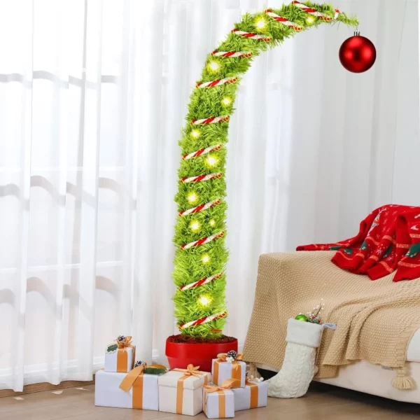 5FT Lime Green Pop-Up Whimsical Christmas Tree, Artificial Curved Tree with 30 LED Lights & Red Ball Ornaments for Indoor Outdoor Holiday Party Decor