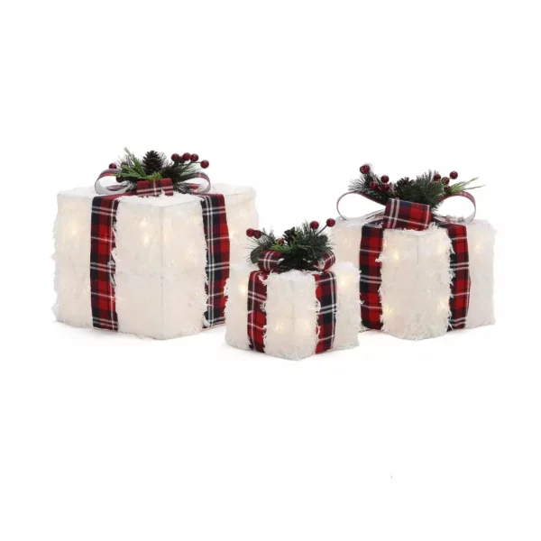LuxenHome 3-Piece Lighted White Gift Box Set with Plaid Ribbon – Battery-Operated Holiday Decor