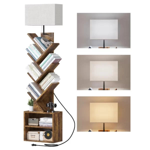 6-Tier Tree Bookshelf with Light, Modern Tall Narrow Bookcase with Storage Cabinet, Floor Standing Shelf for Bedroom
