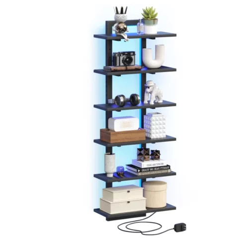 6 Tier Wall Shelf Unit with LED Light Black Floating Shelf Vertical Display Shelf Wall Decor for 01