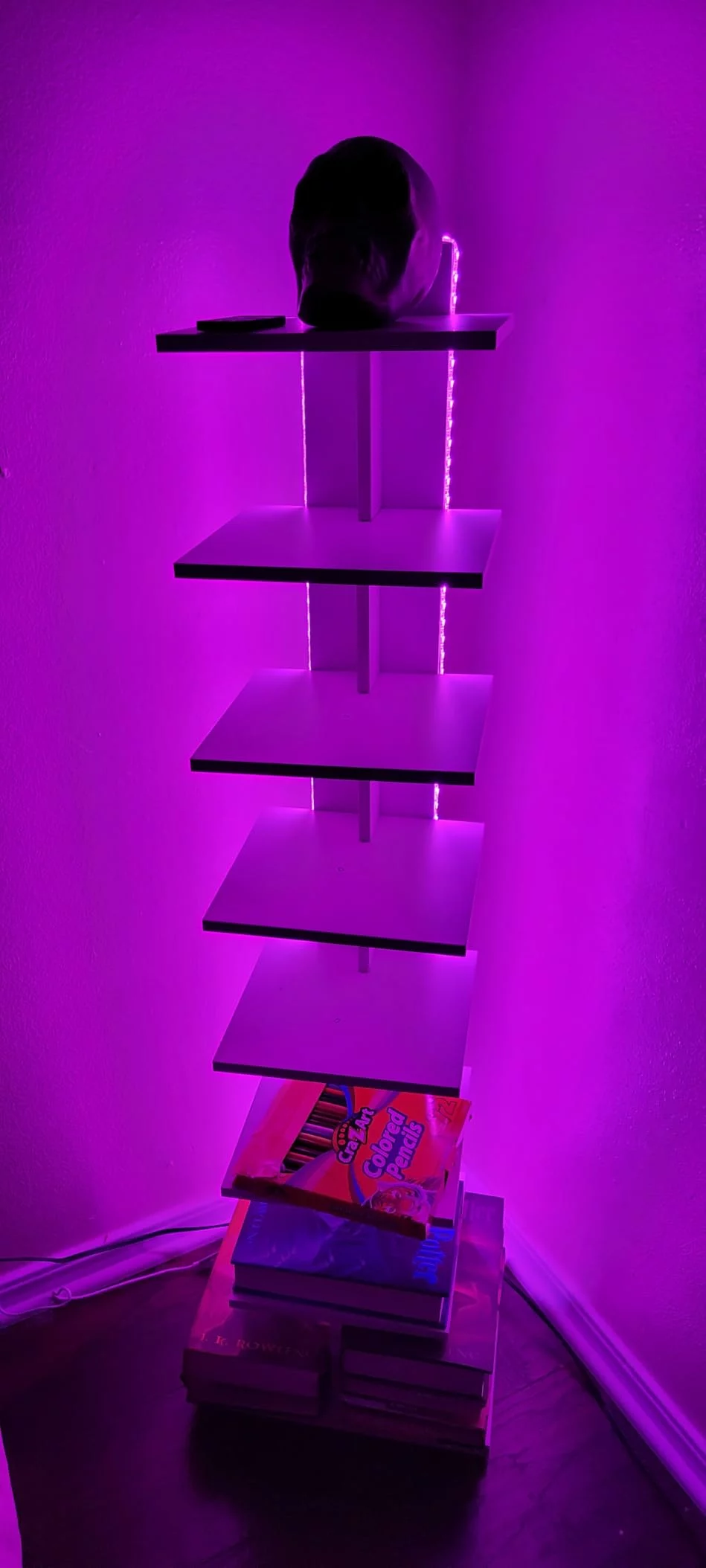 Click to view full screen 8-Tier Corner Bookshelf with LED Light, Space Saving Display Shelf Stand with Storage Rack for Bedroom Living Room Multi-Functional photo review