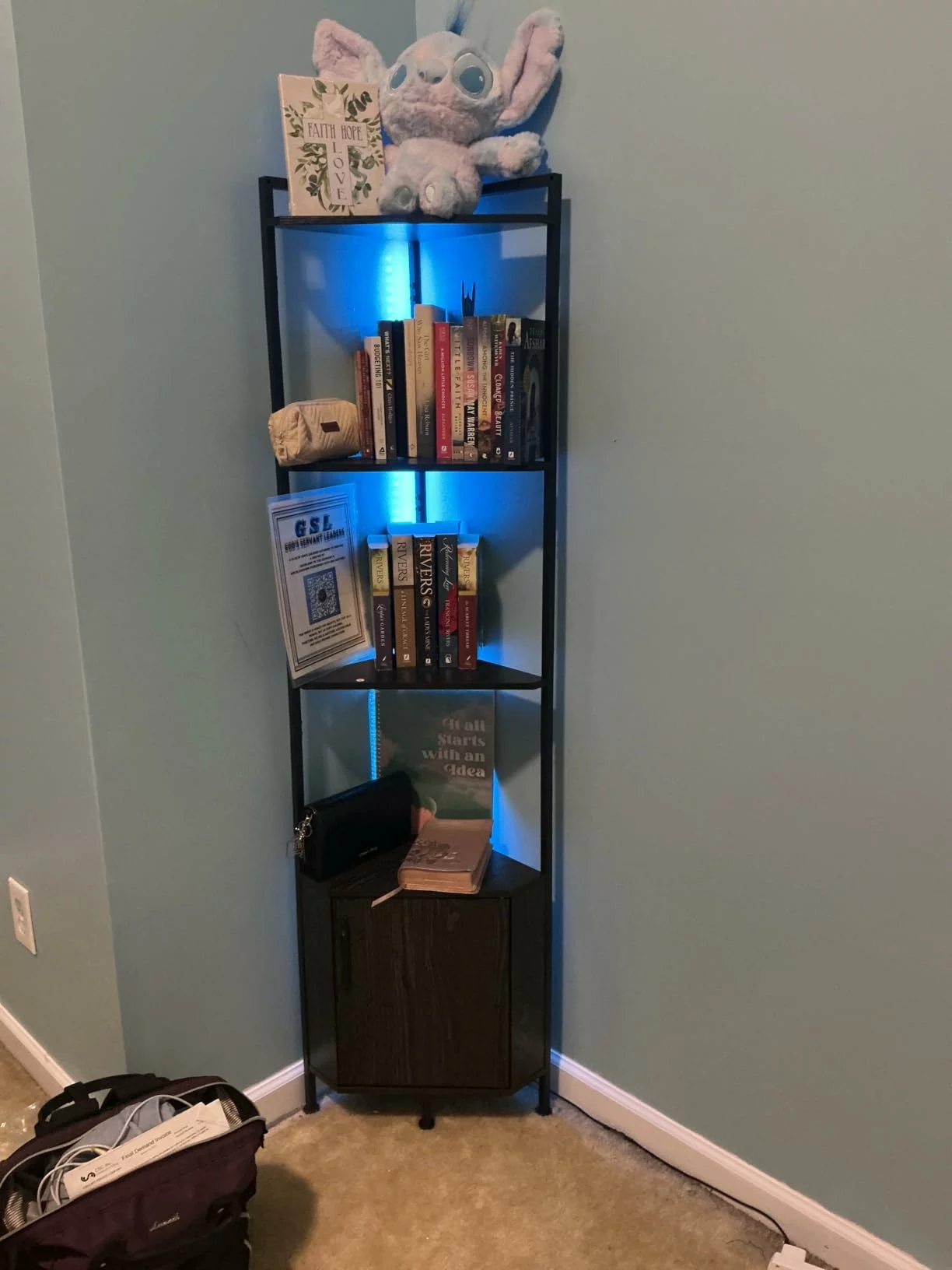 Click to view full screen Furnulem 5-Tier Corner Shelf with LED Light, 62.8” Standing Cabinet Bookshelf, Wood Display Storage for Living Room Bedroom photo review